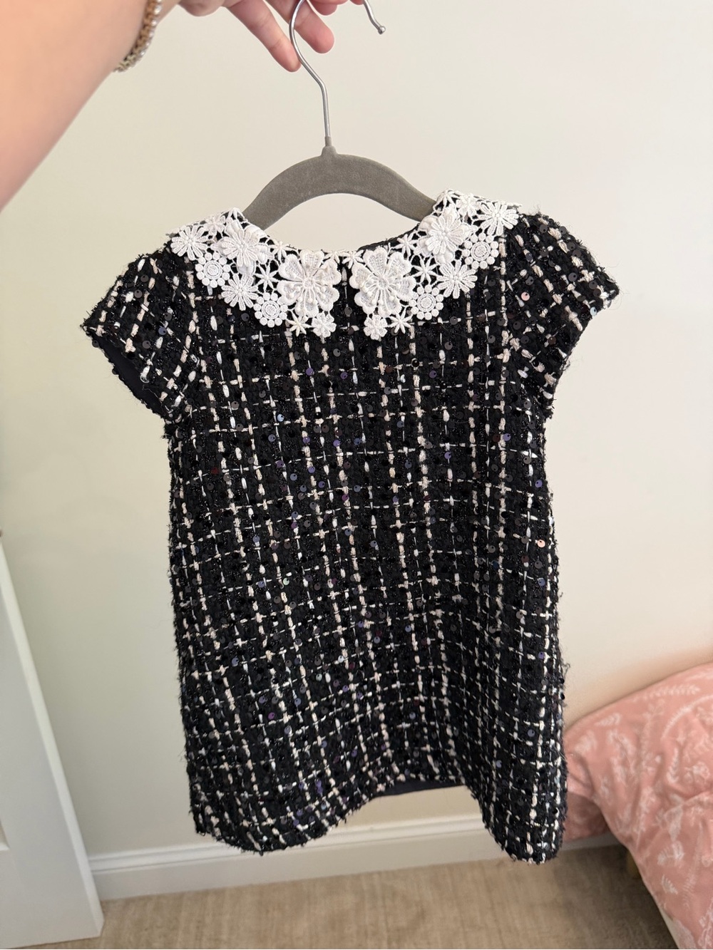 Black Tweed Kids Dress with White Lace Collar